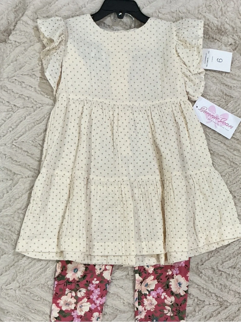 Bonnie Jean Cream Dot Tiered Dress with Pink Floral Leggings